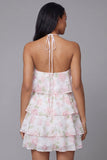 Mini robe à fleurs blanches rose en chiffon à col nu à file, à motif A, à étages
