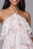 Mini robe à fleurs blanches rose en chiffon à col nu à file, à motif A, à étages