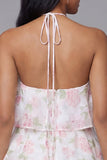 Mini robe à fleurs blanches rose en chiffon à col nu à file, à motif A, à étages