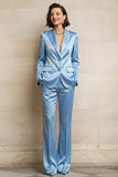 Costumes féminins bleus à boutonnage simple en satin à pointe avec poches