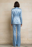 Costumes féminins bleus à boutonnage simple en satin à pointe avec poches