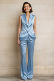 Costumes femmes en satin bleu 2 pièces à simple poitrine pointe avec revers et sans manches