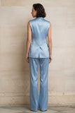 Costumes femmes en satin bleu 2 pièces à simple poitrine pointe avec revers et sans manches