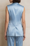 Costumes femmes en satin bleu 2 pièces à simple poitrine pointe avec revers et sans manches
