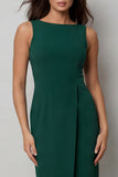 Robe longue de travail bodycon collante vert foncé à col bateau avec fente