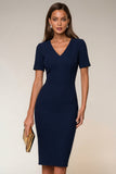 Robe de travail Midi Bodycon Navy à col en V à manches courtes avec fente