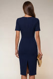 Robe de travail Midi Bodycon Navy à col en V à manches courtes avec fente