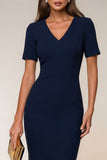 Robe de travail Midi Bodycon Navy à col en V à manches courtes avec fente
