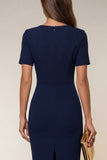 Robe de travail Midi Bodycon Navy à col en V à manches courtes avec fente