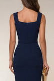Robe de travail midi bodycon à col carré bleu marine
