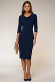 Robe de travail midi à col à col à tête marine Bodycon 3/4 manches avec fente