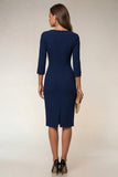 Robe de travail midi à col à col à tête marine Bodycon 3/4 manches avec fente