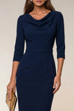Robe de travail midi à col à col à tête marine Bodycon 3/4 manches avec fente
