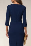 Robe de travail midi à col à col à tête marine Bodycon 3/4 manches avec fente