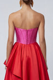 Robe formelle Midi à volants sans bretelles en fuchsia et rouge Corset A Line