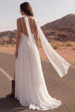 Robe de mariée bohème de plage ivoire maxi à bretelles fines avec fente et écharpe fluide