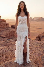 Robe de mariée bohème ivoire bustier sans bretelles à volants imprimé floral