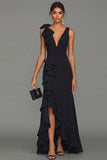 Robe longue formelle noire fourreau à col en V à volants et fente