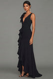 Robe longue formelle noire fourreau à col en V à volants et fente