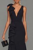 Robe longue formelle noire fourreau à col en V à volants et fente