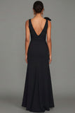 Robe formelle longue à fourreau noir à col en V avec nœud