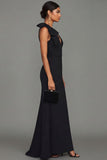 Robe formelle longue à fourreau noir à col en V avec nœud