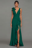 Robe formelle longue à écrous en V à volants vert foncé et fendue