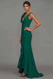 Robe formelle longue à écrous en V à volants vert foncé et fendue