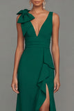 Robe formelle longue à écrous en V à volants vert foncé et fendue