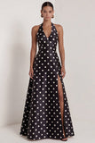 Robe formelle longue à fil satiné noir à pois blancs à points blancs en satin A-Line