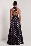 Robe formelle longue à fil satiné noir à pois blancs à points blancs en satin A-Line