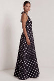 Robe formelle longue à fil satiné noir à pois blancs à points blancs en satin A-Line