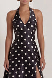Robe formelle longue à fil satiné noir à pois blancs à points blancs en satin A-Line