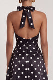 Robe formelle longue à fil satiné noir à pois blancs à points blancs en satin A-Line