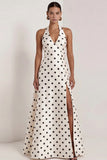Robe formelle longue à fil satiné noir à pois blancs à points blancs en satin A-Line
