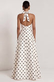 Robe formelle longue à fil satiné noir à pois blancs à points blancs en satin A-Line