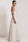 Robe formelle longue à fil satiné noir à pois blancs à points blancs en satin A-Line