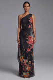 Robe noire à fleurs à motifs d’une épaule