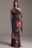 Robe noire à fleurs fronceuses à sirène à col asymétrique