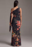 Robe noire à fleurs fronceuses à sirène à col asymétrique