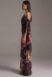 Robe noire à fleurs fronceuses à sirène à col asymétrique
