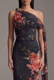 Robe noire à fleurs fronceuses à sirène à col asymétrique