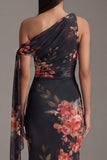 Robe noire à fleurs fronceuses à sirène à col asymétrique