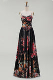 Robe fleurie noire à bretelles fines imprimées A Line