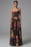 Robe fleurie noire à bretelles fines imprimées A Line