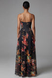 Robe fleurie noire à bretelles fines imprimées A Line