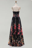 Robe fleurie noire à bretelles fines imprimées A Line