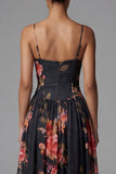 Robe fleurie noire à bretelles fines imprimées A Line