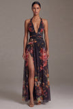 Robe fleurie à motifs noirs à motifs A en longueur