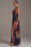 Robe fleurie à motifs noirs à motifs A en longueur